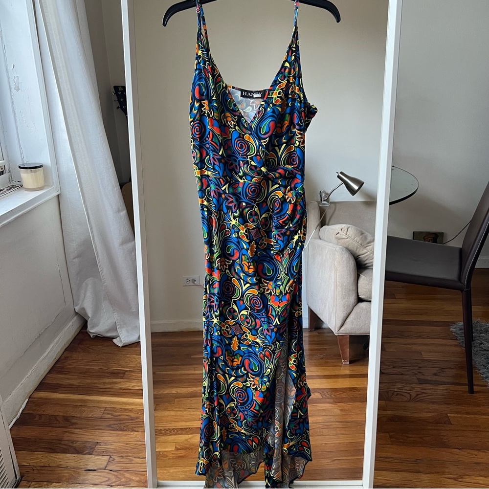 haney olivia faux wrap midi dress size 6 blue orange red yellow CL - Picture 5 of 9